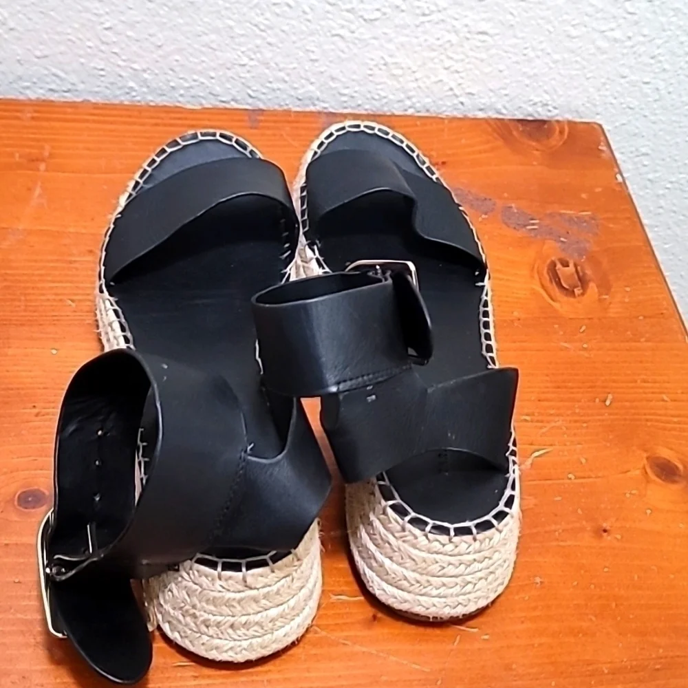 Zara Woman Black Leather Ankle Strap Espadrille‎ Sandals Size 38 Platform Jute